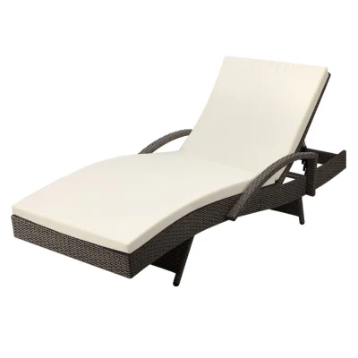 Gardeon Sun Lounge Wicker Beach Chair - Adjustable Aluminium Frame, UV-Resistant, 190cm, Grey & Beige, 1-Year Warranty