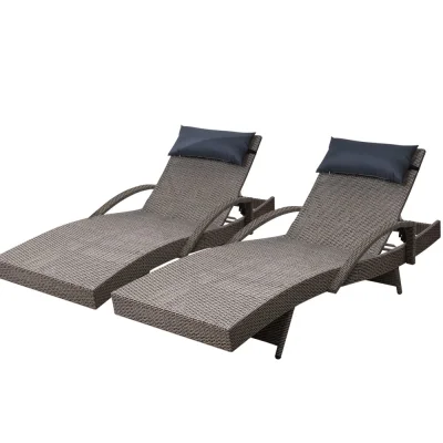 Gardeon 2x Adjustable Wicker Sun Lounge Chairs - Grey & Beige, UV-Resistant, Aluminium Frame, 13cm Cushions, 190cm