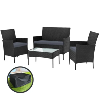 Gardeon 4 Seater Outdoor Sofa Set - Black Rattan, Steel Frame, Tempered Glass Table, Cushions, Storage Cover Included