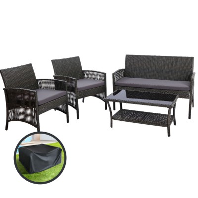 Gardeon 4PCS Outdoor Rattan Sofa Set - PE Wicker, Steel Frame, Dark Grey, with Storage Cover & Tempered Glass Table Gardeon 4PCS Outdoor Rattan Sofa Set - PE Wicker, Steel Frame, Dark Grey, with Storage Cover & Tempered Glass Table