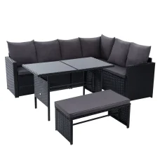 Gardeon 8-Seater Outdoor Sofa Dining Set – Black Wicker, Steel Frame, UV & Weather Resistant, Cushioned Comfort