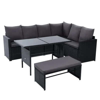 Gardeon 8-Seater Outdoor Sofa Dining Set – Black Wicker, Steel Frame, UV & Weather Resistant, Cushioned Comfort