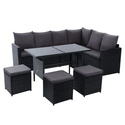Gardeon 9-Seater Outdoor Sofa Dining Set, Black PE Wicker, Steel Frame, UV & Weather Resistant, Cushions, Glass Table