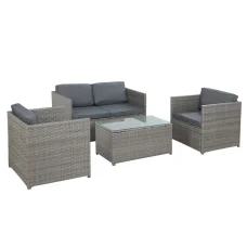 Gardeon 4-Piece Outdoor Sofa Set - Grey Wicker Lounge with Cushions, UV-Resistant, Steel Frame, Tempered Glass Table