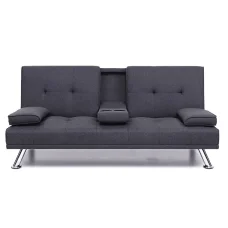 Artiss 3-Seater Sofa Bed, Faux Linen, 175CM, Dark Grey, Space-Saving, Adjustable Recline, Cup Holders, Modern Design