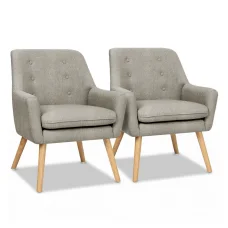 Artiss Anne 2X Beige Armchair Set: Retro Tub Chair with Faux Linen, Tufted Back, Thick Foam, and Rubber Wood Legs