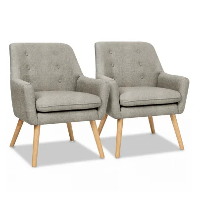 Artiss Anne 2X Beige Armchair Set: Retro Tub Chair with Faux Linen, Tufted Back, Thick Foam, and Rubber Wood Legs