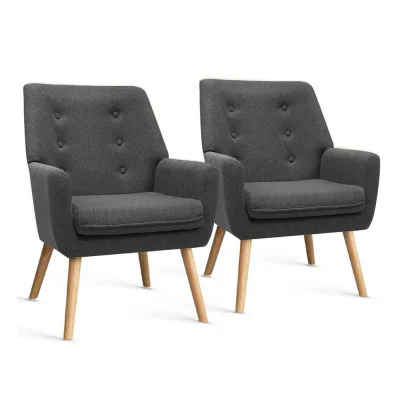 Artiss Anne 2X Armchair Set - Charcoal Faux Linen, Retro Tub Chair with Tufted Backrest, Wooden Frame, Rubber Wood Legs
