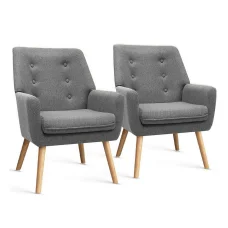 Artiss Anne Grey Armchair Set of 2 - Faux Linen, Full-Size, Tufted Design, Thick Foam, Rubber Wood Legs, 130kg Capacity
