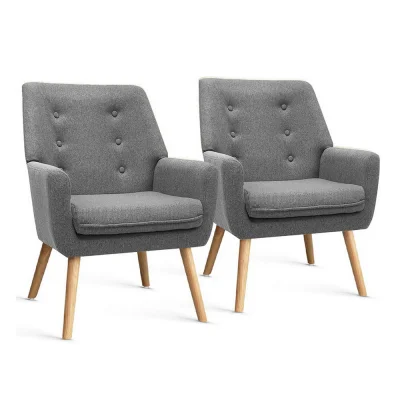 Artiss Anne Grey Armchair Set of 2 - Faux Linen, Full-Size, Tufted Design, Thick Foam, Rubber Wood Legs, 130kg Capacity