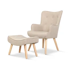Artiss Armchair Set with Ottoman, Faux Linen, Beige, 58x52x85cm, Scandinavian Style, Elegant Tufted Design