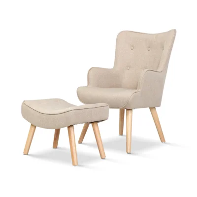 Artiss Armchair Set with Ottoman, Faux Linen, Beige, 58x52x85cm, Scandinavian Style, Elegant Tufted Design