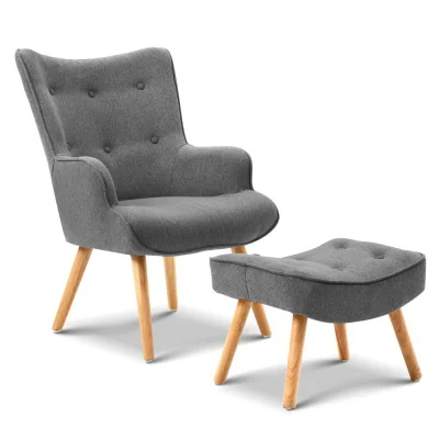 Artiss Armchair Set with Ottoman, Faux Linen, Grey, 58x52x85cm, Scandinavian Style, Tufted Design, Rubber Wood Legs
