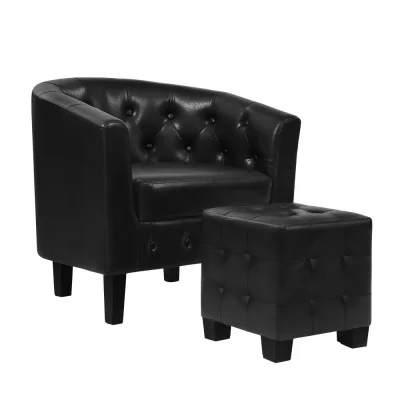 Artiss Armchair Set with Ottoman, PU Leather, Black, 70x62x64cm, Chesterfield Style, Elegant Home Seating Solution