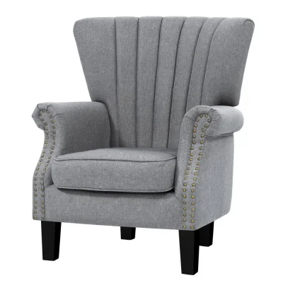 Artiss Armchair, Faux Linen Wingback, Full-Size, Grey, 76x75x93cm - Timeless Design with Button Studs & Comfort Padding