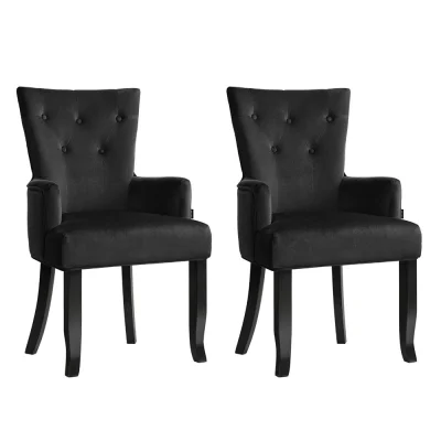 Artiss Cayes Set of 2 Black Velvet Dining Chairs, French Provincial Style, 13cm Cushioned Seats, Rubber Wood Legs