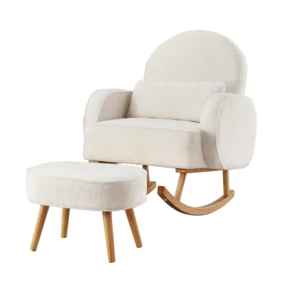 Artiss Bouclé Rocking Armchair and Ottoman Set White, Rubberwood Frame, Thick Foam, Waist Pillow, 150kg Capacity Artiss Bouclé Rocking Armchair and Ottoman Set White, Rubberwood Frame, Thick Foam, Waist Pillow, 150kg Capacity