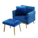 Artiss Velvet Armchair and Ottoman Set Blue, Adjustable Backrest, Tufted Upholstery, Pine Frame, Pillow Included