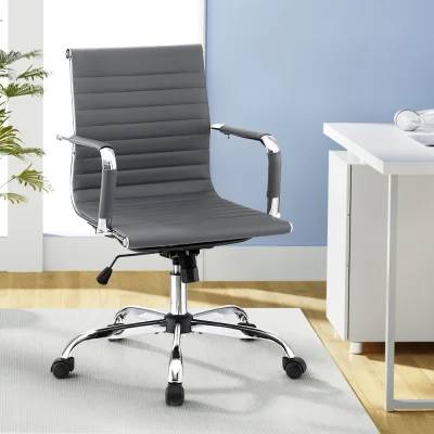 Artiss Office Chair Grey PU Leather Mid Back Conference Chair with Chrome Base, Adjustable Height and Tilt, 360° Swivel
