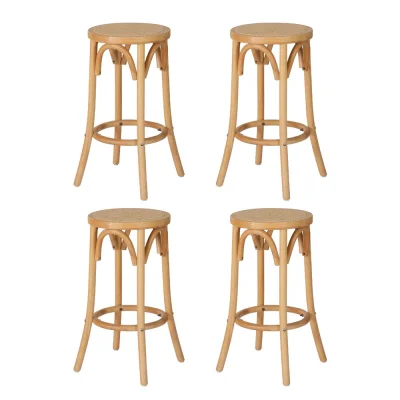 Artiss Bar Stools, Rattan Seat, Beechwood Frame, 65cm Height, Pine Finish, Set of 4, Classic Design, Easy Assembly