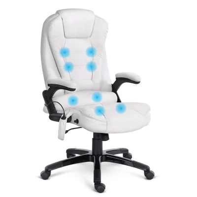 Artiss 8-Point Massage Office Chair Recliner with Heated PU Leather Seat, Remote Control & Adjustable Swivel - White