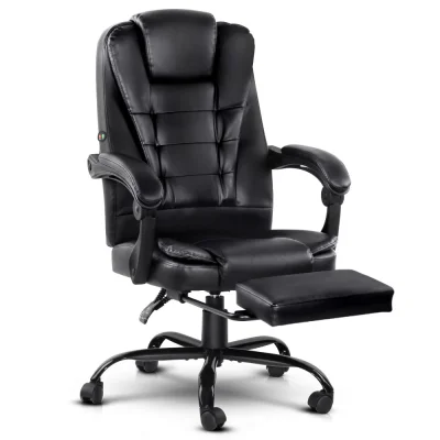 Artiss 2-Point Massage Office Chair, Black PU Leather Recliner with Adjustable Footrest, 360° Swivel, Up to 150° Recline