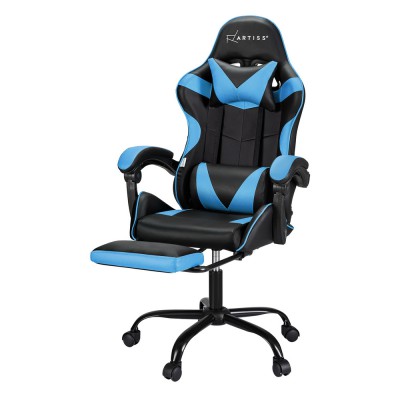 Artiss Cyan Blue 2-Point Massage Gaming Office Chair with Footrest, PVC Leather, Recline & Adjustable Headrest