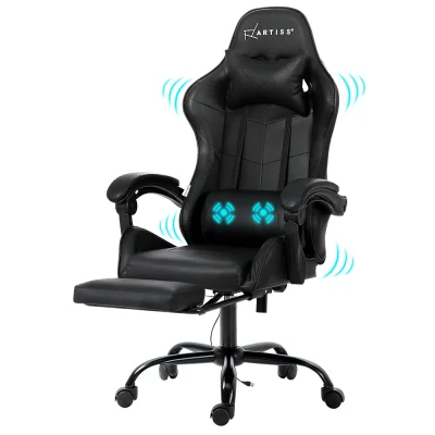 Artiss 2-Point Massage Gaming Chair with Footrest - Ergonomic Black Office Chair, Recline & 360° Swivel