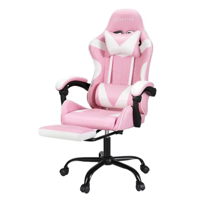 Artiss Pink Massage Gaming Office Chair with Footrest - Ergonomic Design, 2-Point Lumbar Massage, 360° Swivel