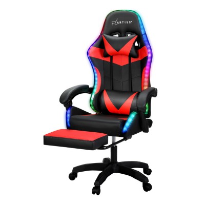 Artiss 6-Point Massage Gaming Office Chair - PU Leather, LED Lights, Recline, Footrest, 360° Swivel, Red, 150kg Capacity Artiss 6-Point Massage Gaming Office Chair - PU Leather, LED Lights, Recline, Footrest, 360° Swivel, Red, 150kg Capacity