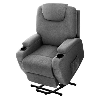 Artiss Velvet Recliner Chair with Lift Assist, Heated 8-Point Massage, Faux Linen, Cup Holders, Grey, 84x82x112cm