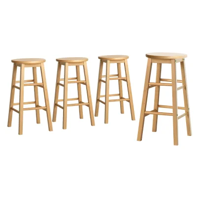 Artiss Marley 4x Bar Stools 61cm Solid Beech Wood Round Chairs, Natural Finish, Sturdy A-Frame with Footrest