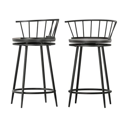Artiss Bar Stools Set, Swivel Metal Chairs, Wood Seat, 70cm Height, Black, Modern Design, 120kg Capacity, 2 Pack