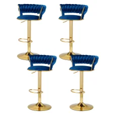 Artiss Vivien 4x Bar Stools - Navy Velvet, Woven Backrest, Adjustable Gas Lift, 360° Swivel, Sturdy Steel Base