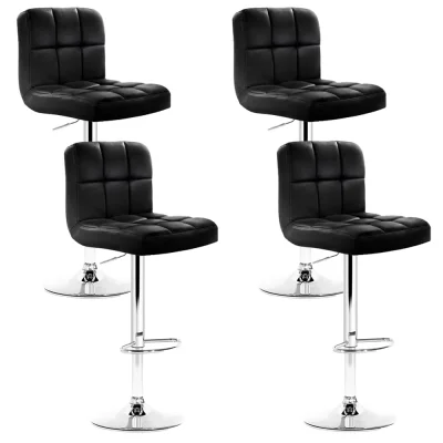 Artiss 4x Black Bar Stools PU Leather, Gas Lift, 360° Swivel, Chrome Base, Chequered Backrest, Adjustable Height