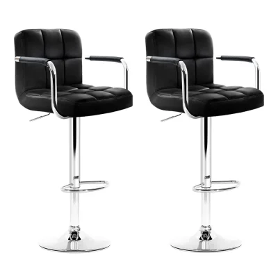Artiss 2x Black Leather Bar Stools w/ Armrest, Gas Lift, 360° Swivel, Chequeered Backrest, 68-81cm Adjustable Height