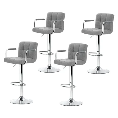 Artiss 4x Noa Bar Stools with Armrest, Grey Faux Linen, Adjustable Gas Lift, 360° Swivel, Chrome Finish, 150kg Capacity