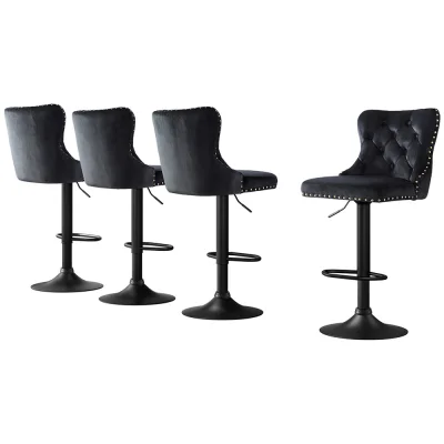 Artiss 4x Velvet Bar Stools Adjustable Height 63-83.5cm, Nailhead Trim, Steel Frame, Black, Kitchen Counter Chairs