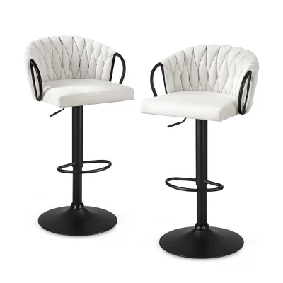 Artiss Set of 2 Adjustable Velvet Bar Stools, Ergonomic Woven Design, 82-102cm Height, Ivory, Durable Metal Frame