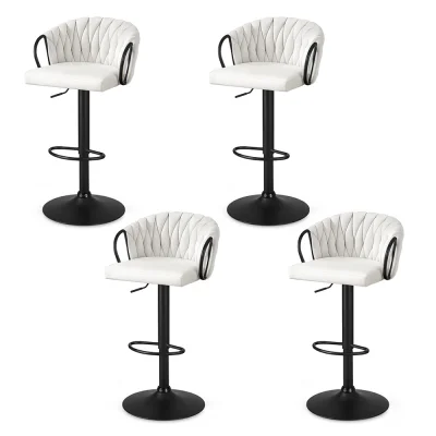 Artiss Set of 4 Adjustable Velvet Bar Stools, Ergonomic Woven Design, Gaslift, Metal Armrests, Ivory, 82-102cm Height