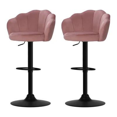 Artiss Nessah Bar Stools, Velvet, Adjustable Height, Pink, 360° Swivel, Elegant Clam Shell Design, Set of 2