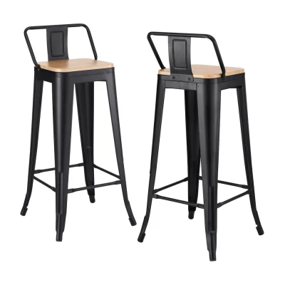 Artiss 2x Bar Stools: Black Metal & Pine MDF, Stackable, 77cm Seat Height, 120kg Capacity, Industrial Chic Design