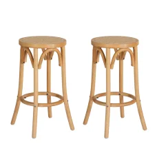 Artiss Bar Stools, Rattan Seat, Beech Wood Frame, 65cm Height, Pine Colour, Set of 2, 150kg Capacity, Easy Assembly