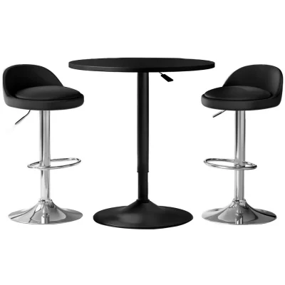 Artiss Bar Table and Stools Set Black, Height Adjustable, PU Leather, 60cm Table, Swivel, for Kitchen or Cafe