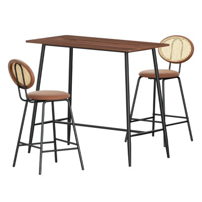 Artiss Industrial Bar Table & Stools Set - Oak/Black, Steel Frame, Rattan & PU Leather, Easy Assembly, 1-Year Warranty Artiss Industrial Bar Table & Stools Set - Oak/Black, Steel Frame, Rattan & PU Leather, Easy Assembly, 1-Year Warranty