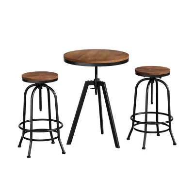 Artiss Industrial Bar Table and Stools Set - Elm Wood Top, Steel Frame, Adjustable Height, 360° Swivel, 1-Year Warranty
