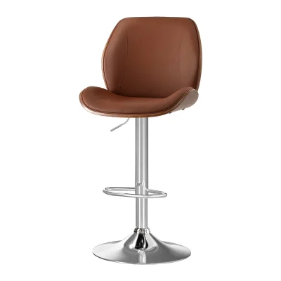 Artiss 1X Bar Stool Brown PU Leather Bentwood Swivel Adjustable Height 98-120cm Kitchen Counter Stool