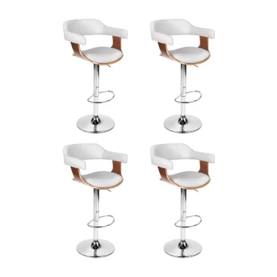 4x Artiss Bar Stools Gas Lift Height Adjustable White PU Leather with Armrest, Wooden Seat, Chrome Base, 88-109cm