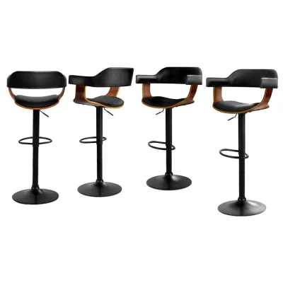 Artiss 4x Bar Stools Gas Lift PU Leather with Armrest, 62-82cm Adjustable Height, All Black, Steel Base