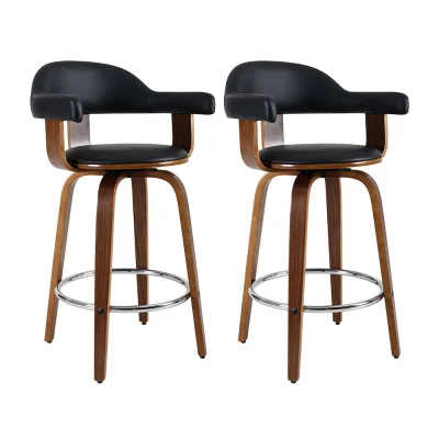 Artiss Bar Stools, PU Leather Seat, Wooden Legs, 63cm Height, Black, Stylish Rotatable Chairs with Anti-Slip Feet
